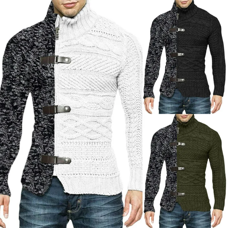 

Stand Collar Men Cardigan Knitted 2021 New Fashion Irregular Design Urban Casual Color Contrast Zipper Cardigan