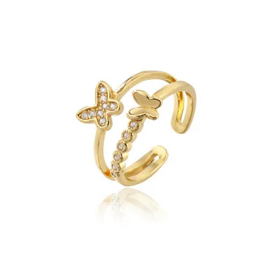 

European Real Gold Plated Butterfly Zircon Rings Paved Double Layers Cubic Zirconia Butterfly Rings For Women