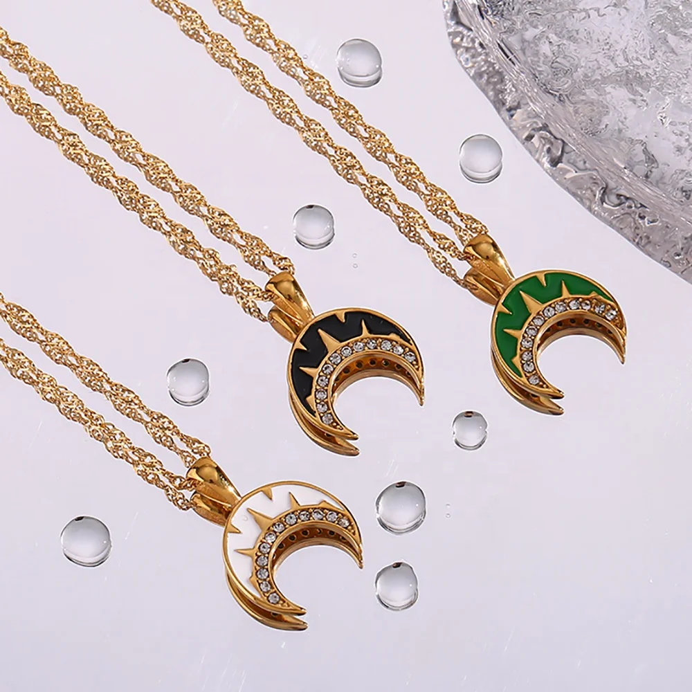 

Minimalist 18K Gold Plated Enamel Zircon Moon Necklace Tarnish Free Stainless Steel Necklace Design Jewelry