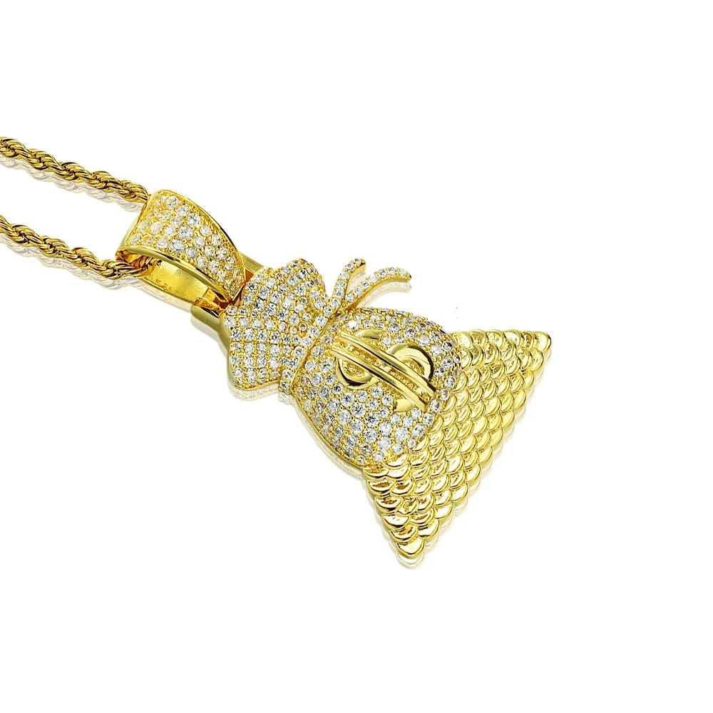 

50% Discount 2021 New Design Hip Hop Brass Three Dimensional Dollar Pocket Diamond Jewelry Pendant Necklace For Women