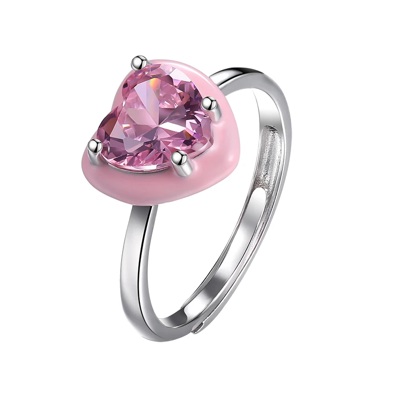 

2023 Popular Pink Series 925 Sterling Silver Fine Jewelry Heart Cut Claw Setting Pink Zircon Enamel Bezel Adjustable Rings