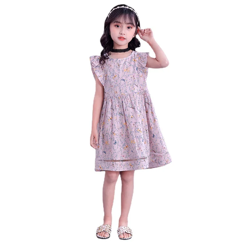 

2021 new summer pure cotton girls short-sleeved floral print dress lace flower wholesale baby dress