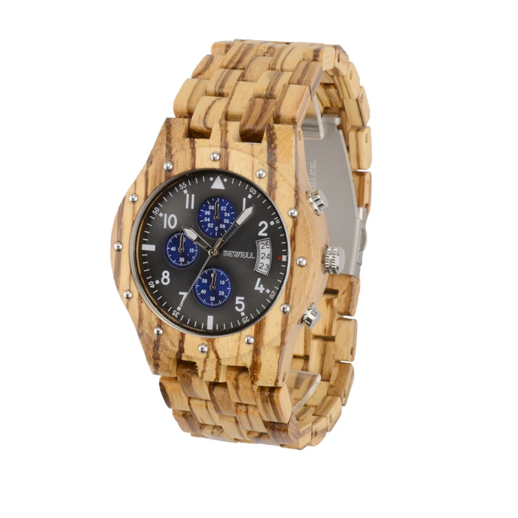 

BEWELL Mens Wooden Watches Quartz Wristwatch Luminous Hands Three Pointers with Calendar Display 10 Different Colors 109