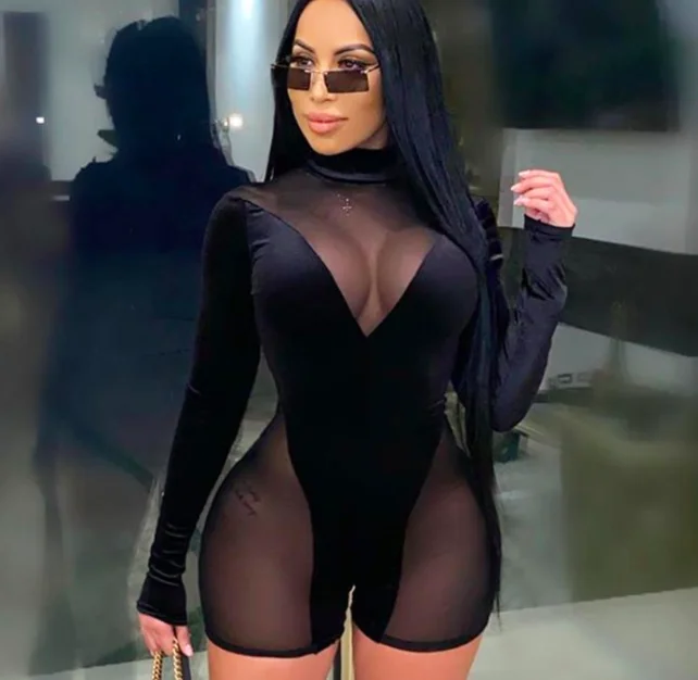 

Women Sheer Mesh Sexy Jumpsuit Bamboo Sexy Bodycon Club Outfit Hollow Out Lace Bandage Party Overalls Playsuit
