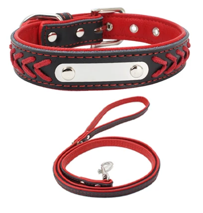 

Personalized Custom Logo Matching Pet Collar With Leash And Genuine Leather Big Set For Large Dog, Red, purple, pink, blue, yellow