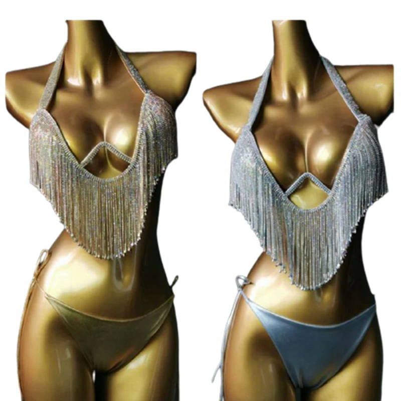 

Custom Jewelry Diamond Shinny Spangly Bikini Women Tassel Sequin Swimwear Triangle Crystal Party Swimsuit