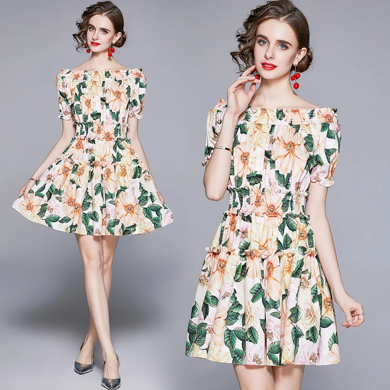 

Droma in stock wholesale custom clothing summer fashion design floral print o neck short sleeve sexy new women t-shirt dress, Picture color