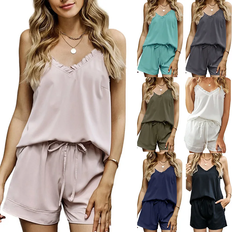 

Summer Women's Short Sleeve Sweatsuits Home Clothes 2 Pieces Casual Outfit Sets Pockets Shorts Set