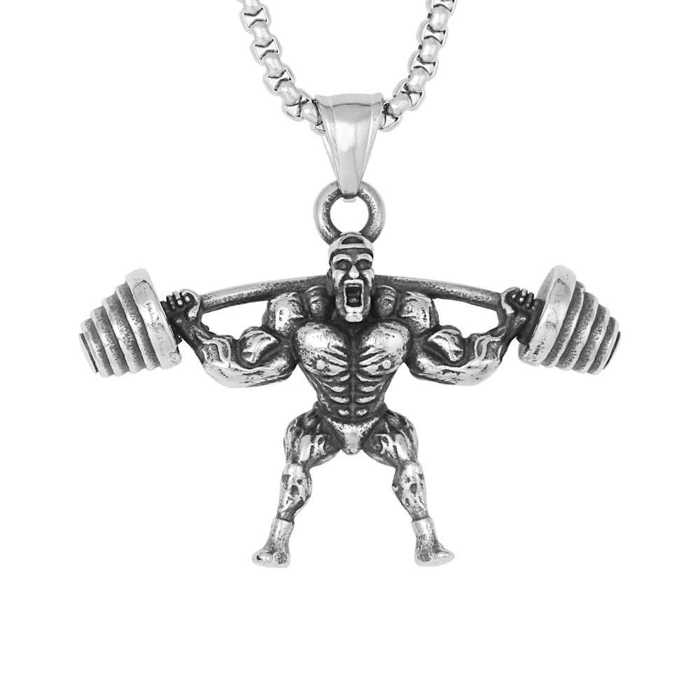 

Fashion Fitness Muscular Male Weightlifter Barbell Jewelry Colgante Vintage Stainless Steel Pendant Necklace