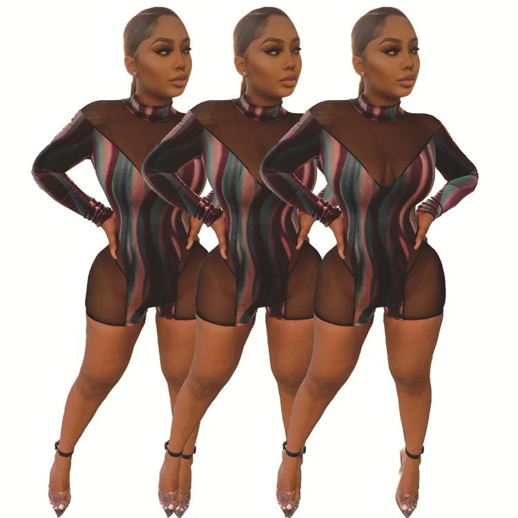 

2021 summer short ladies jumpsuit patchwork mesh breathable jumpsuits sexy women's romper