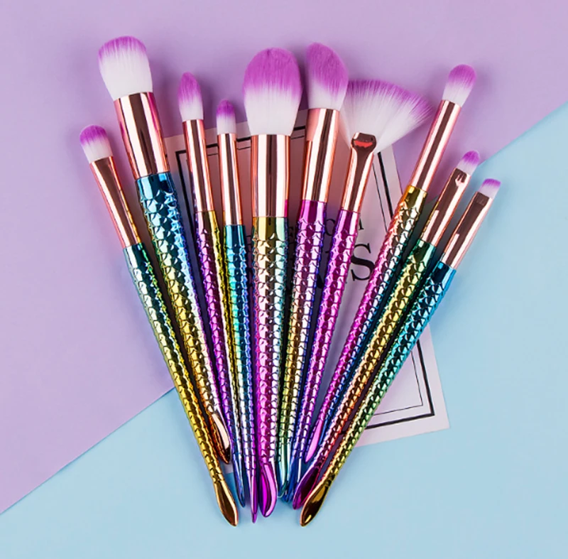 

10pcs rainbow mermaid makeup brush set plastic handle synthetic hair cosmetic fish tail make up brushes set