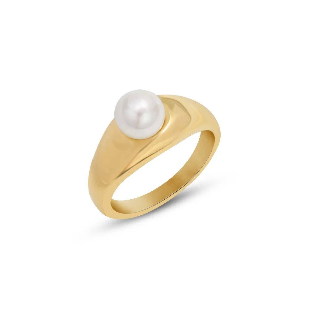 

New Design Stackable Womens Rings Trendy 18K Gold Plated Stainless Pearl Ring