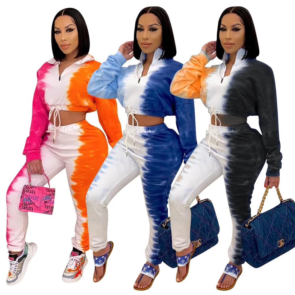 

Women's fashion autumn and winter new two-piece suit gradient multi-color long short top and trousers two-piece suit