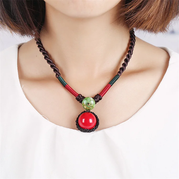 

Ethnic style hand-woven necklace antique silver buckle red ball women's necklace retro emperor stone clavicle chain
