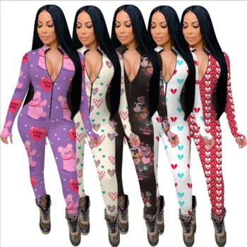 

Heart Printed Design Front Zipper v-neck vest Up One Piece pajamas Clothes Ladies Jumpsuits valentines day jumpsuits, As picture or customized make