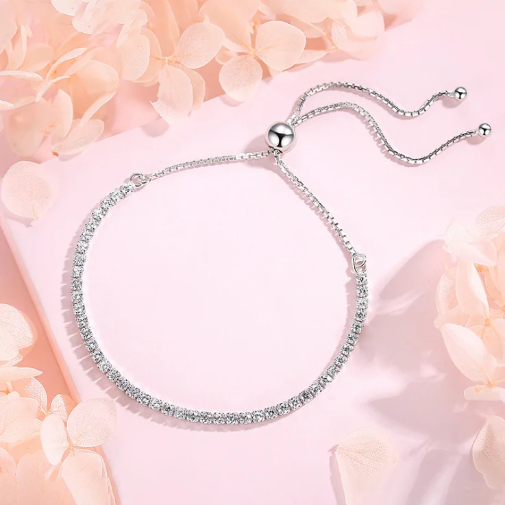 

925 Sterling Silver Cubic Zirconia Adjustable Bracelets Simple Design Korean Jewelry Tennis Bracelet