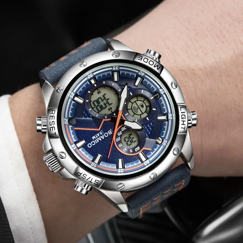 

BOAMIGO Men Watches Digital Analog 50m waterproof Quartz Watch leather strap new year gifts dropship wholesale