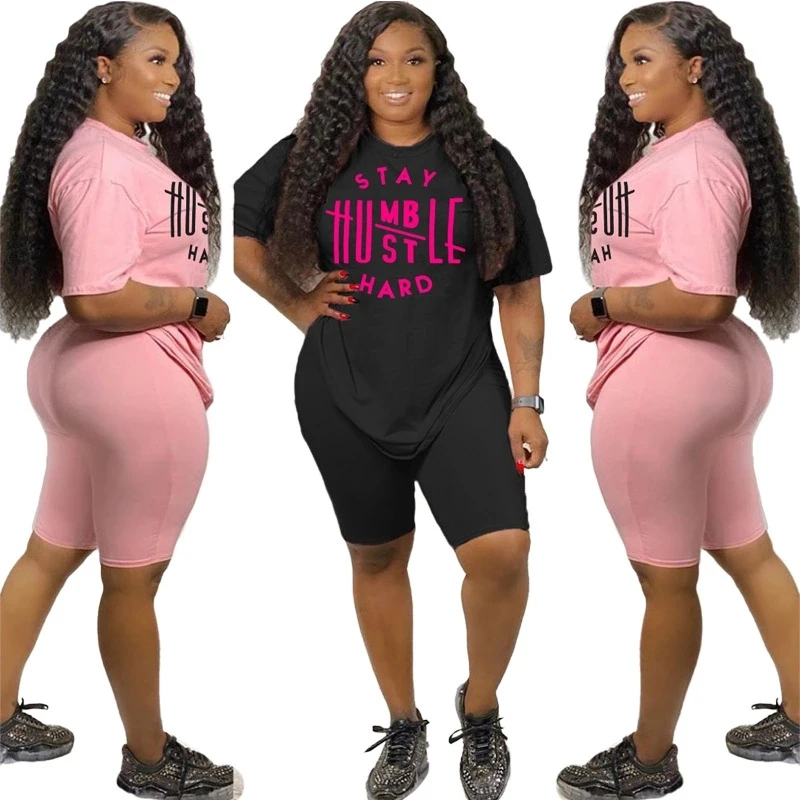 

2021 Plus Size Two Piece Clothing Set for Women Fashion Printed 2 Piece Outfit Sets, Pink, black,pink 2, black 2,