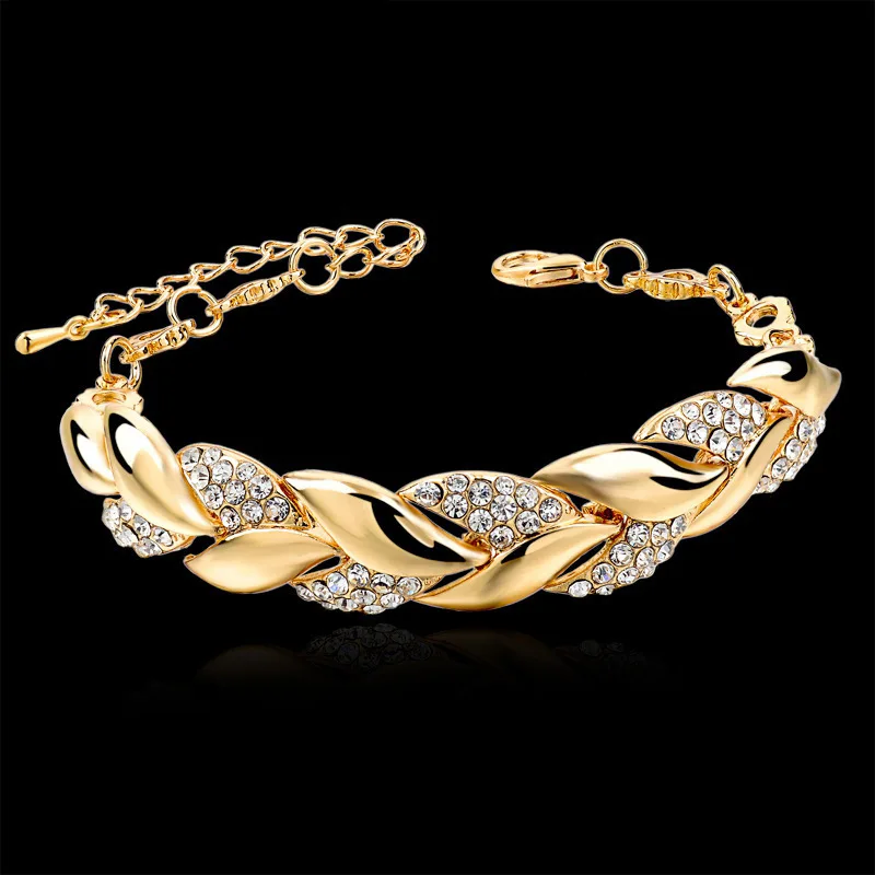 

European and American popular alloy rhinestone leaf bracelet ladies gold leaf bracelet