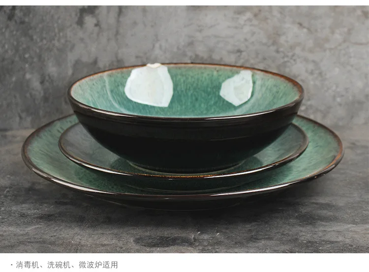 16pcs Green Reactive Glaze Ceramic Dinner Set For 4 People 2 Tone