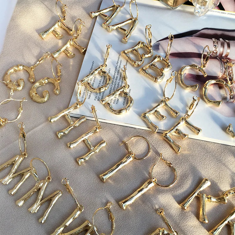 

Punk Style Design Temperament Gold Plated Alphabet Custom Bamboo Letter Earrings For Women, Gold color