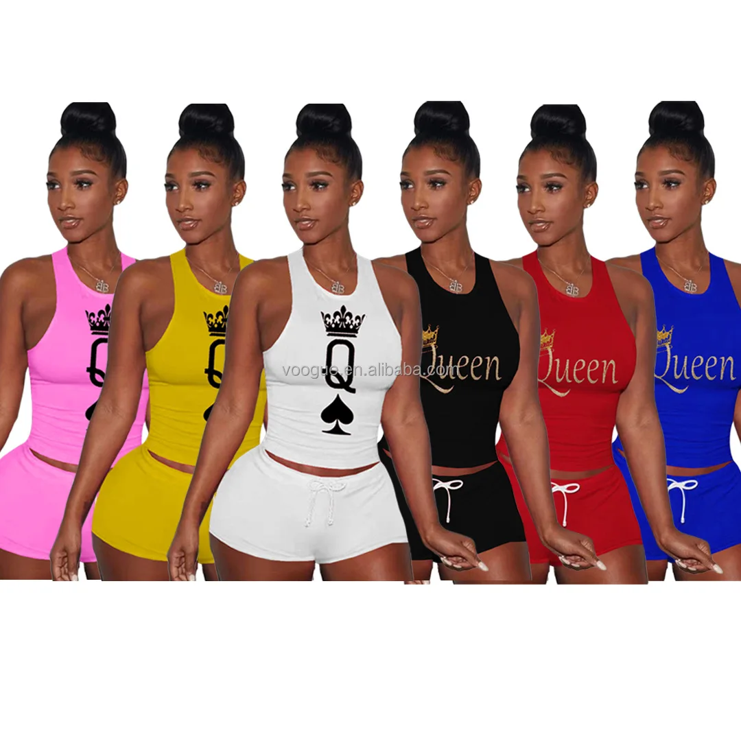 

Summer Women Queen Print Tracksuit Sport Suit Womens BodyconVest Shorts Outfits Two Piece Set, Pics