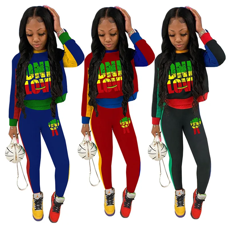 

Newest Design Women Fashion Clothing Fall And Winter Stitching Printing Casual Two Piece Set Woman Clothing