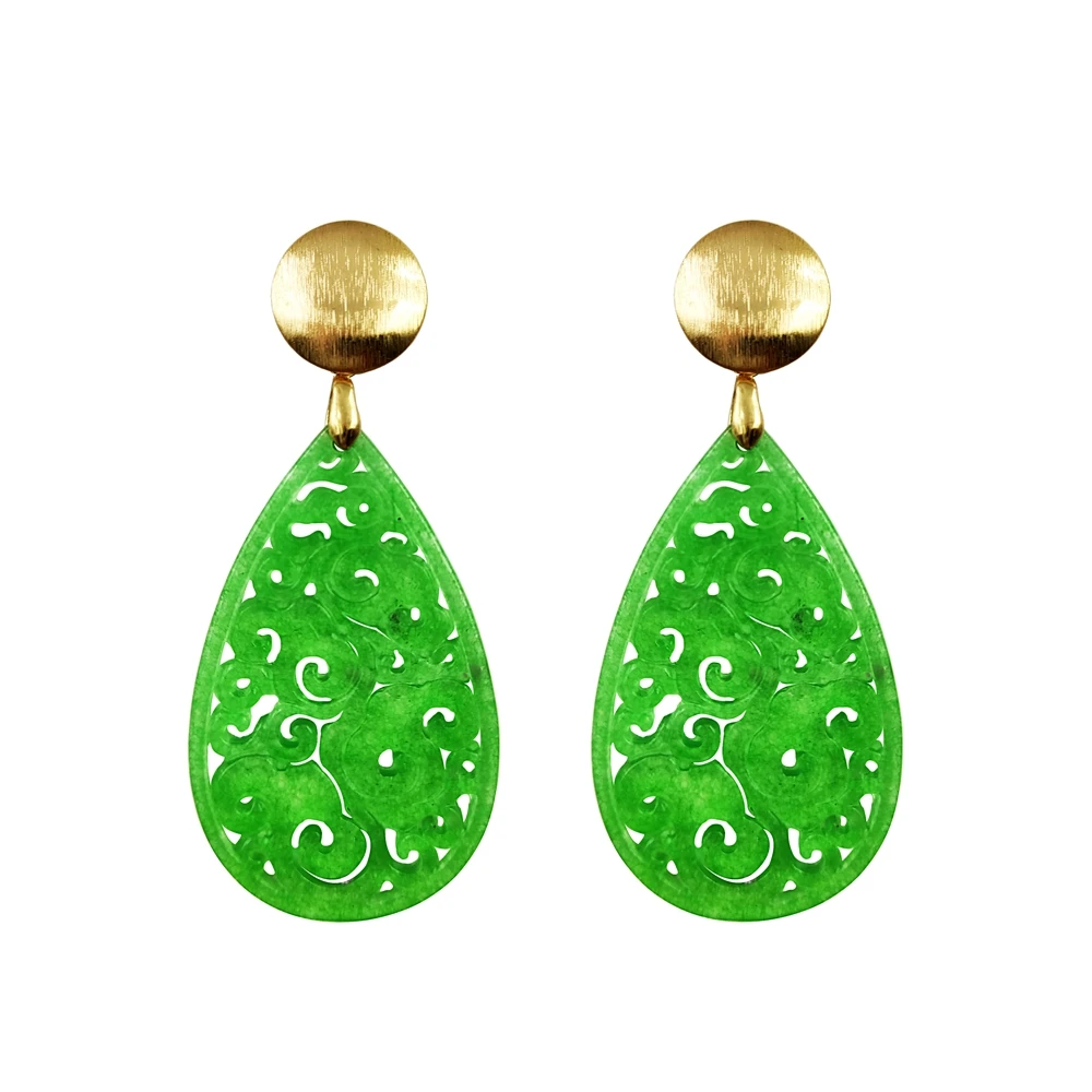 

Trendy handmade carve slice earrings genuine engrave drop jewelry natural green jade Gemstone Dangle Earrings birthday gift, Gold