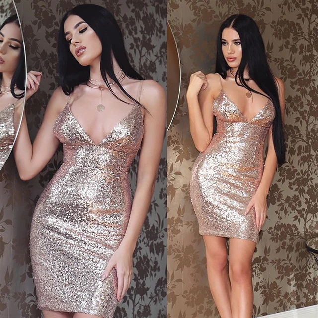 

Newest Women's Sexy Spaghetti Strap Sequin Deep V-neck Mini Dress For Party, As picture