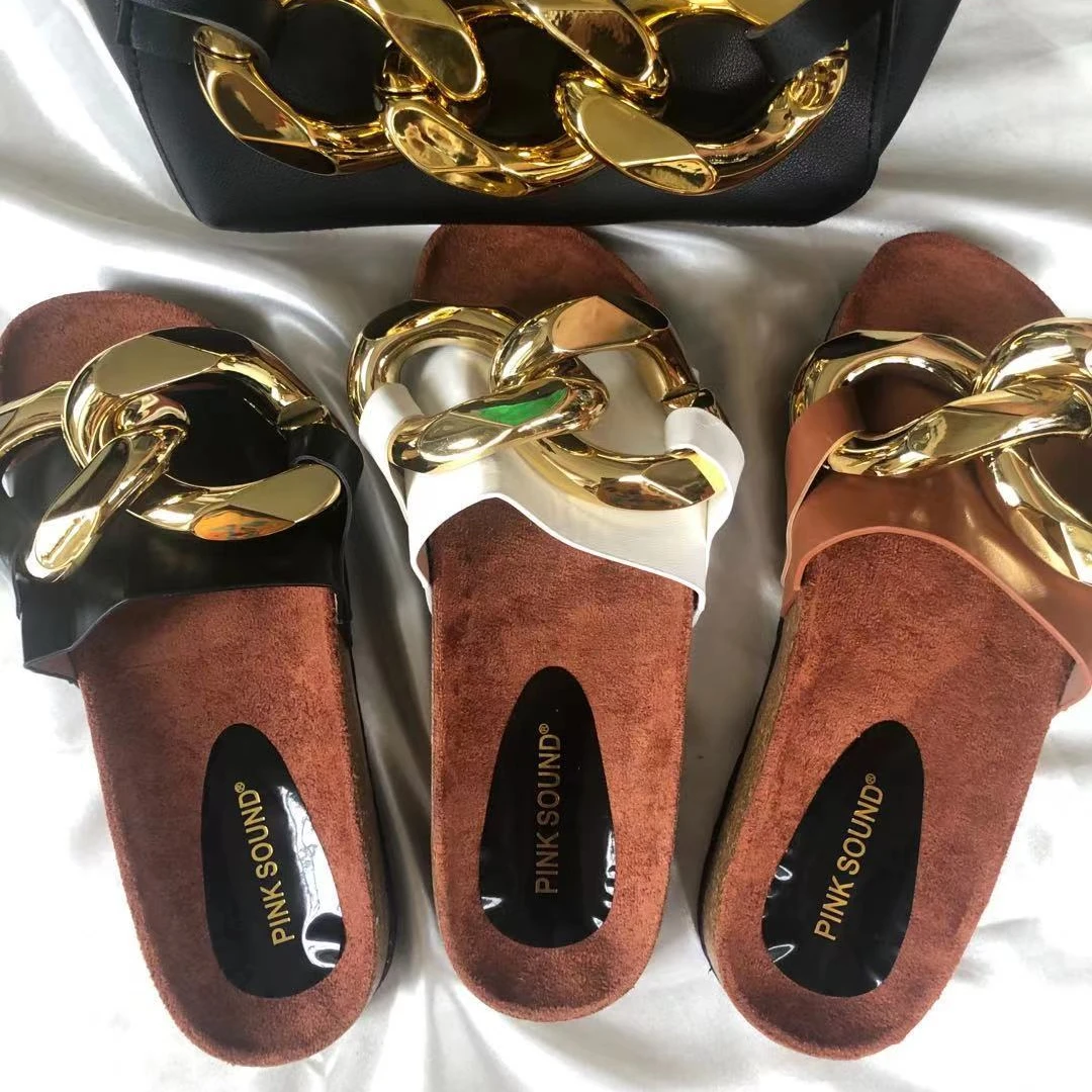 

2021 Amazon Hot Sales Ladies Fashion Slippers Round Toe Open Toe Chain Flat Bottom Ladies Comfortable Sandals