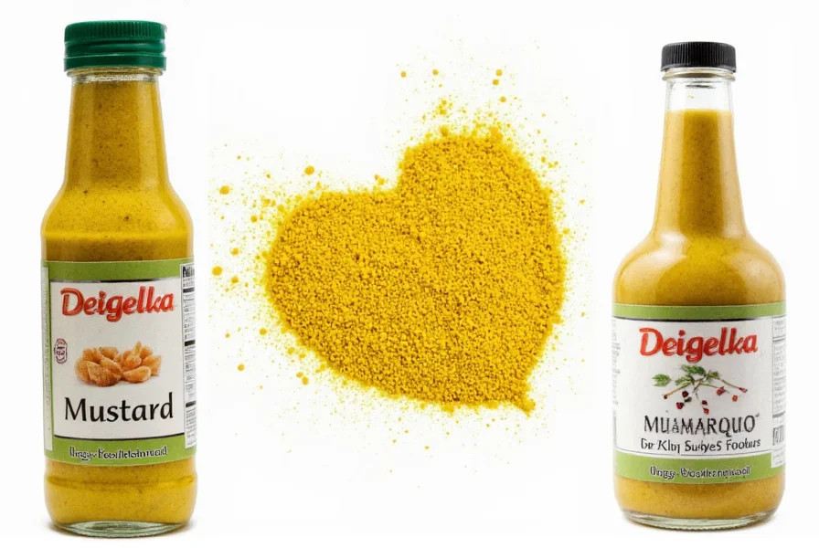 Close-up of various mustard types showing yellow mustard, Dijon, and whole grain varieties in small jars with nutritional labels visible