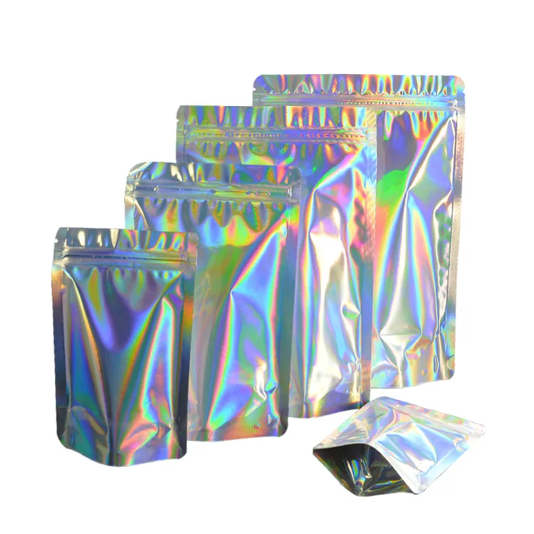Customized Holographic Mylar Clear Ziplock Stand Up Pouch Aluminum Foil