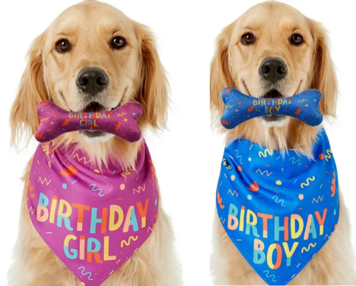 

2022 Hot Design Dog Birthday Bandana And Bone Chew Toy Set Pet Dog Custom Printed Dog Bandanas