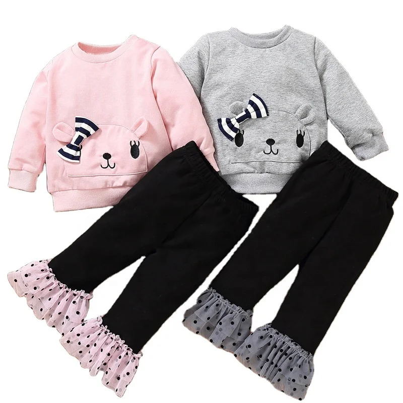 

2021 Autumn Winter Girls Clothing Sets Bowknot Pullover Long Sleeved Top Polka Dot Lace Pleated Trousers 2PCS Suit Baby Clothes