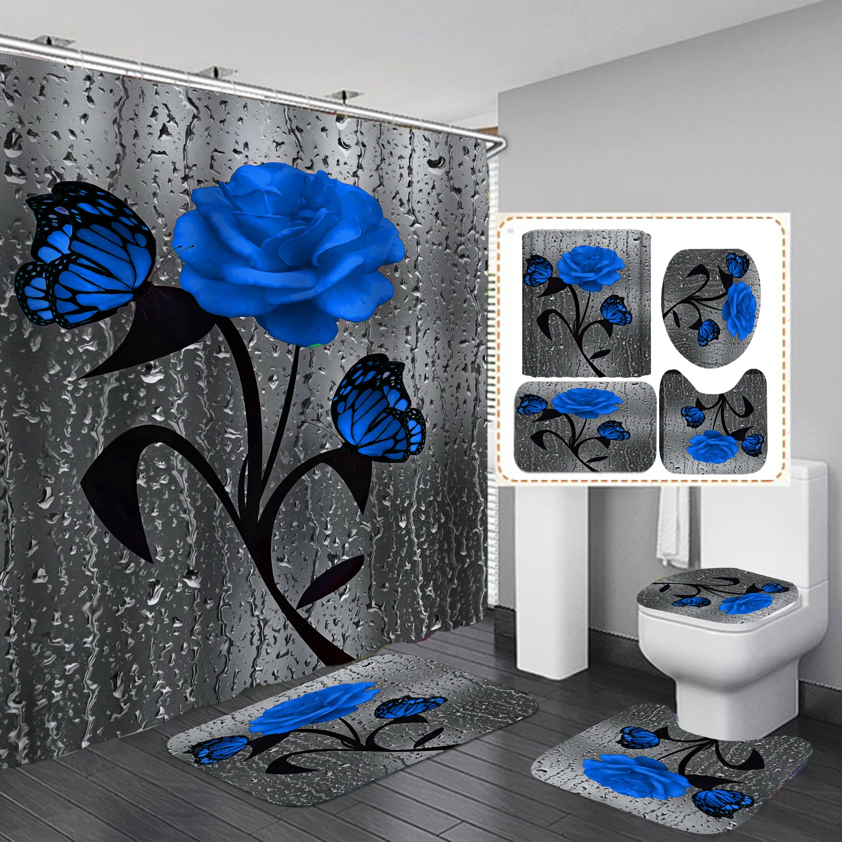 

Hot waterproof 3d shower curtain 4 pieces designer shower curtain bathroom mat set with shower curtain, Picture shows