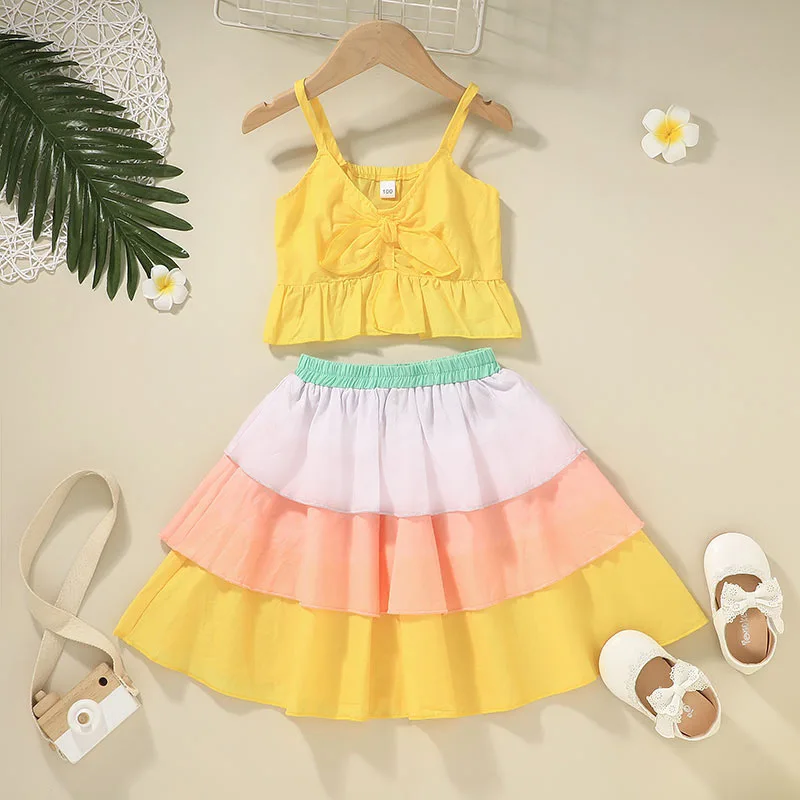 

kids baby girls summer off shoulder solid vest top patchwork rainbow skirts toddler 2pcs suit children clothes set