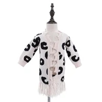 

New arrival girls sweater kids long sleeve leopard distressed tassel cardigan