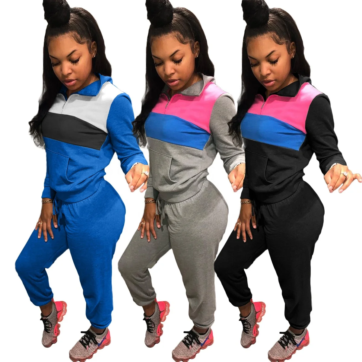 

YD - TK6129 Low MOQ fashion jogger sets wholesale loose patchwork women tracksuit set