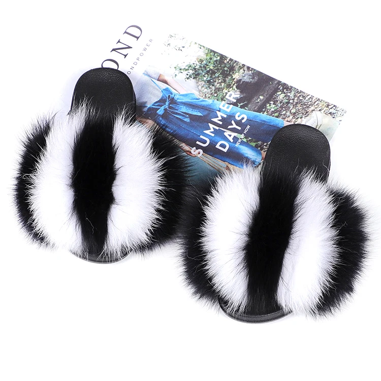 

Wholesale Fashion Women Natural Fur Slides Real Big Fluffy Fur Slippers Sandals With Thick Fur for Women Shoes, Green,white,plum,purple,pink,yellow,brown,black