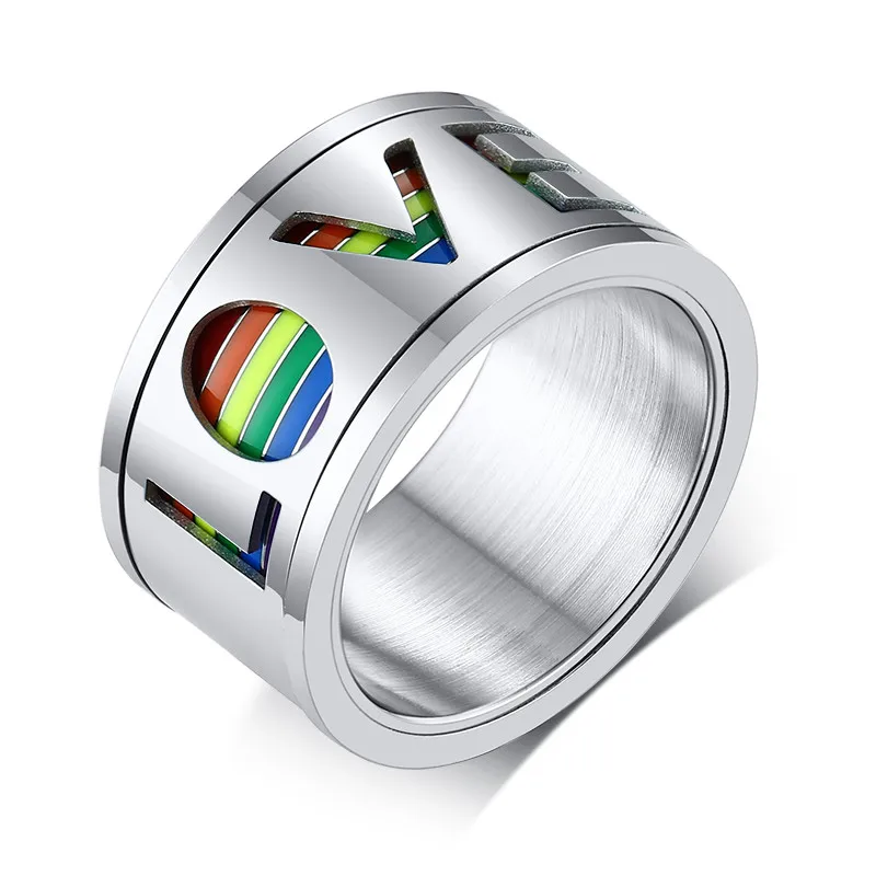 

silver black Love rainbow enamel LGBT pride spinner ring, Black ,silver