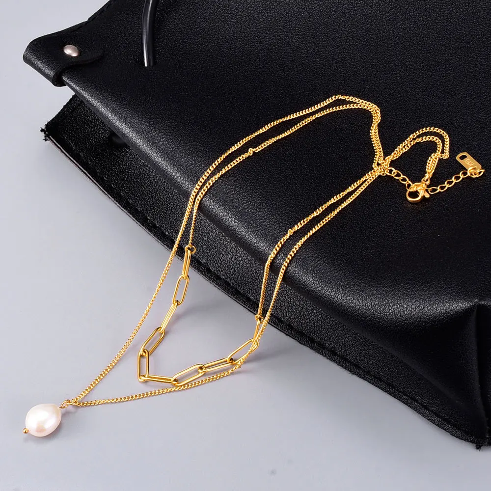 

2021 Newest Arrival 18k Gold Plated 316L Titanium Steel Natural Freshwater Flat Pearl Necklace Double Layer Link Chain Necklace