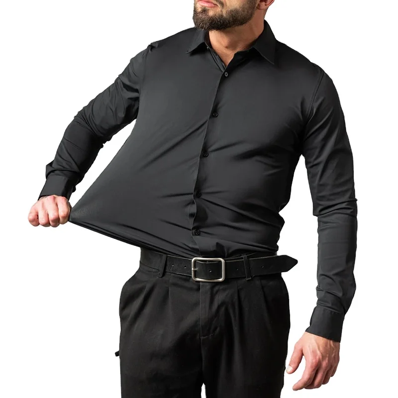 RNSHANGER Four-Way Stretch Non-Iron Mens Long-Sleeved Shirt Mercerized Vertical Sense European Size Men's Dress Shirts