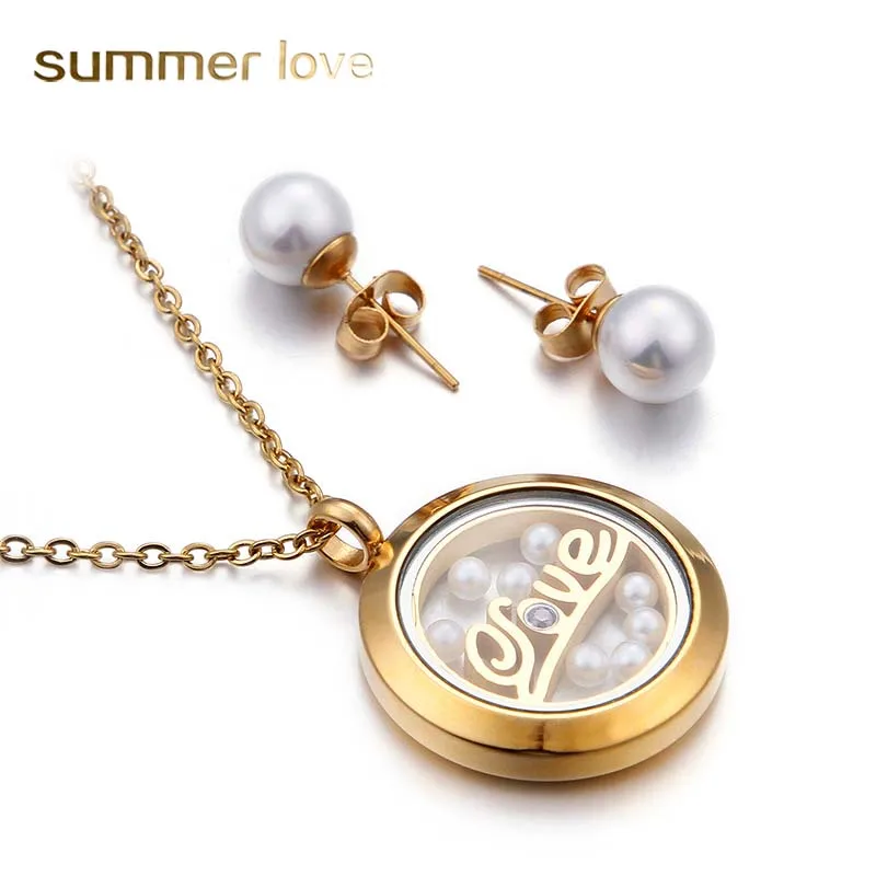 

New Titanium Steel Jewelry Fashion Freshwater Pearl Stud Earrings and Love Stainless Steel Necklace Jewelry Sets