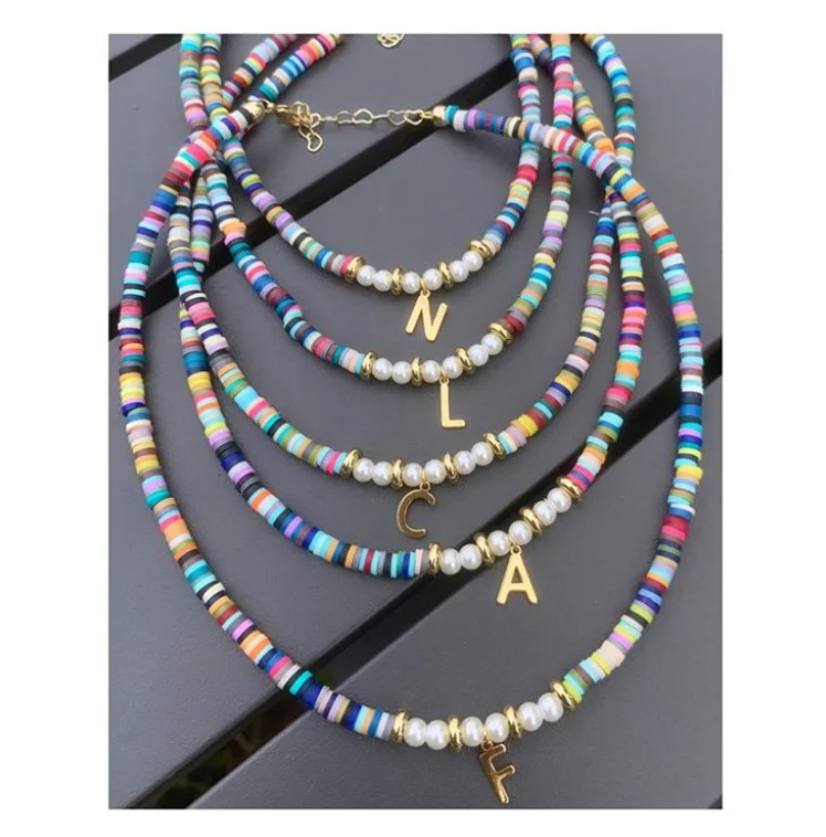 

Wholesale Choker Polymer Clay Beads Fresh Water Pearl Gold Plated 26 Letters Necklace for women