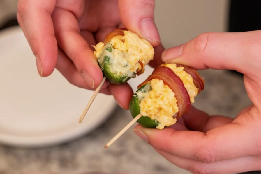Close-up of hands stuffing jalapeño halves with creamy cheese mixture and wrapping them with bacon slices secured by toothpicks