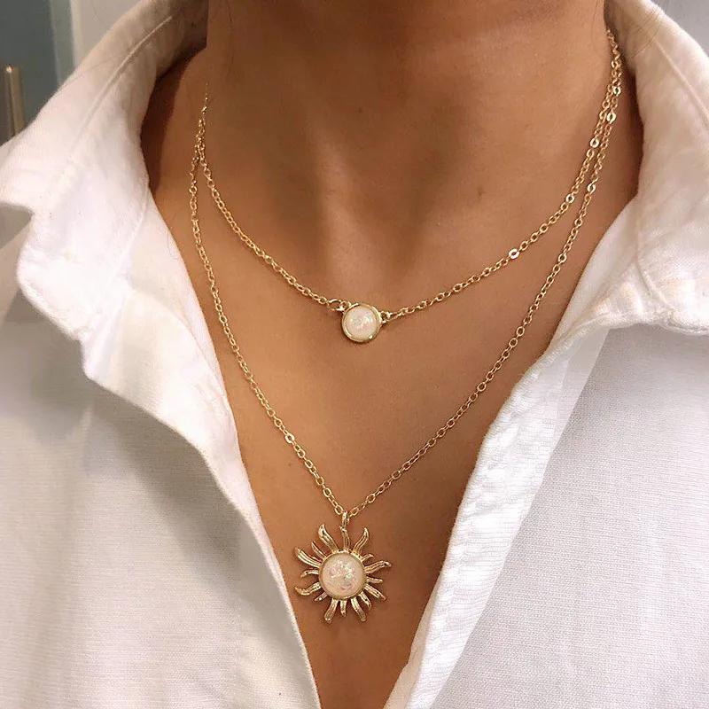 

JUHU 2021 multi layer flower alloy necklace fashion sunflower opal clavicle chain cute sunflower choker alloy jewelry wholesale, Gold