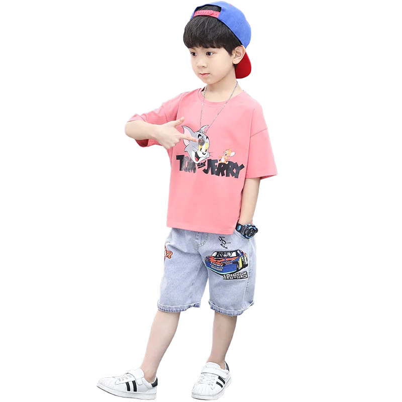 

2021 summer cartoon pattern short-sleeved denim shorts boys two-piece suit