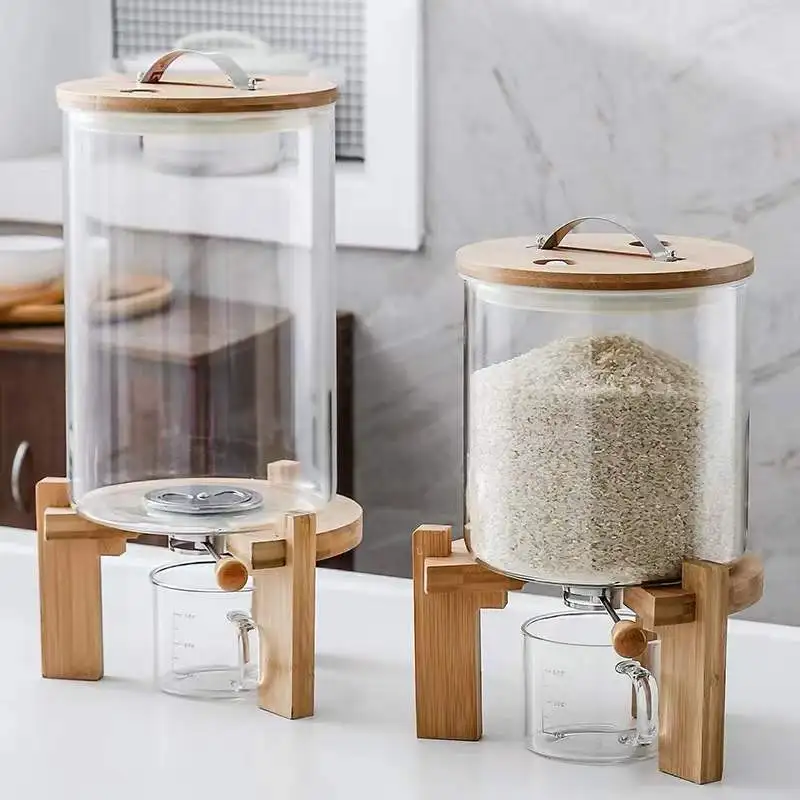 

Wholesale High Borosilicate Modern Multifunctional Storage Glass Rice Dispenser With Bamboo Lid