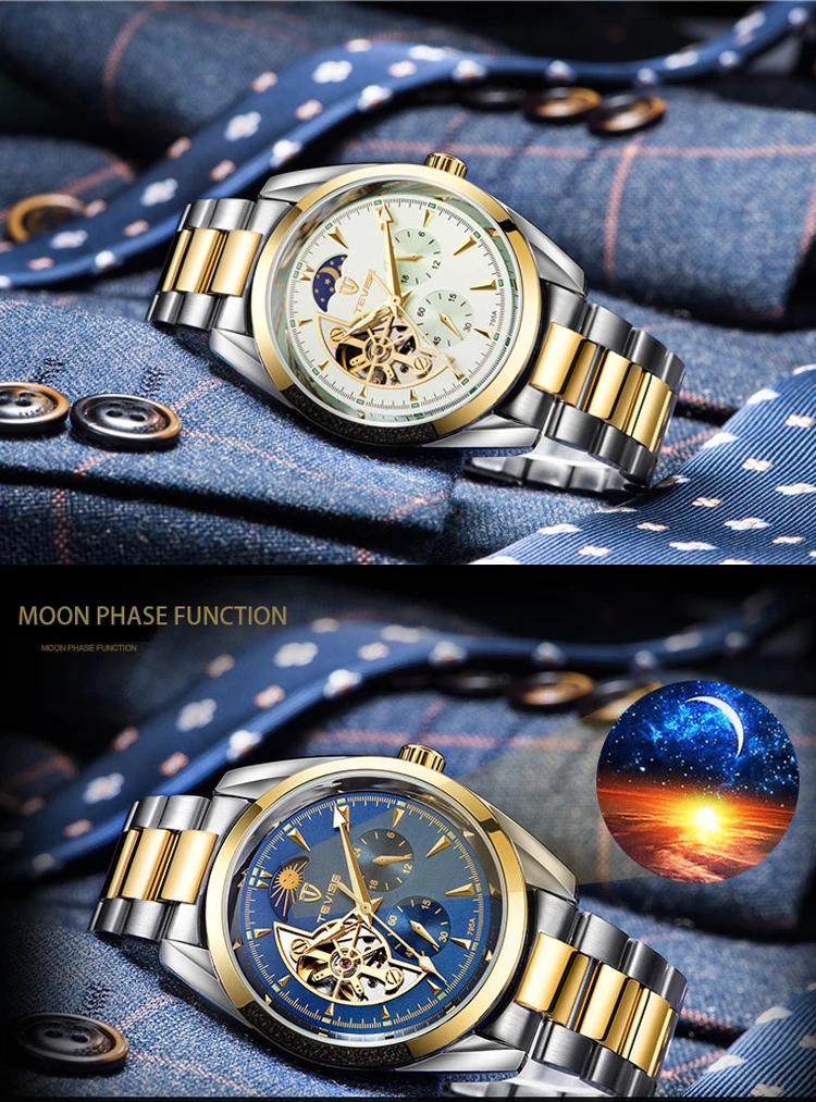 TEVISE 795A new design gold man mechanical watch potty steel Strap Waterproof moon phase full automatic business watch design
