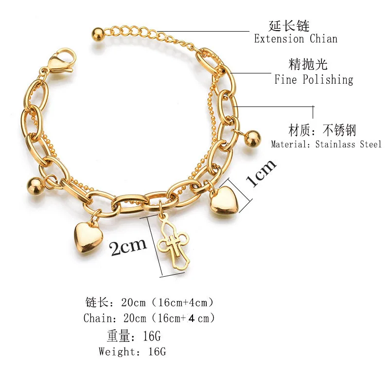 

Religious Stainless Steel Multilayer Chains Bracelet 24K Gold Tone Double Heart Hollow Cross Steel Pendant Bracelet For Girls, Picture